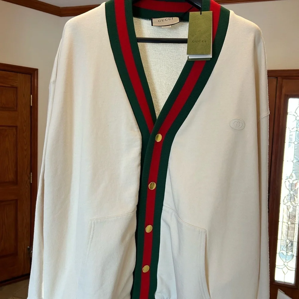 Men's Gucci jersey cotton cardigan web detail size large made in Italy
